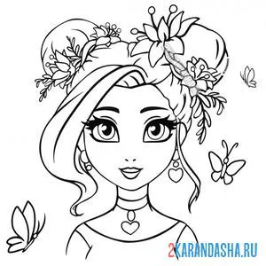 Раскраска красивая девушка прическа и цветы онлайн