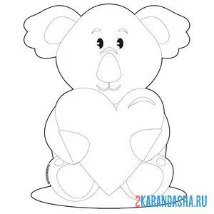 Распечатать раскраску коала с сердечком на А4