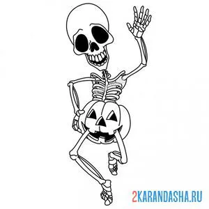 Распечатать раскраску скелет и тыква хэллоуин на А4