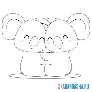Распечатать раскраску коалы обнимаются на А4