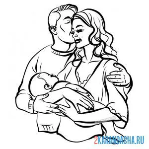 Распечатать раскраску папа целует маму - семья на А4