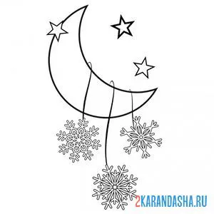 Раскраска звезды и луна со снежинками онлайн