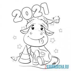 Раскраска бычок в новогодней шапке