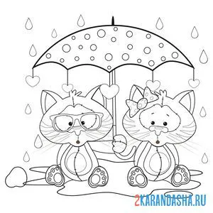 Распечатать раскраску влюбленные коты под зонтом на А4