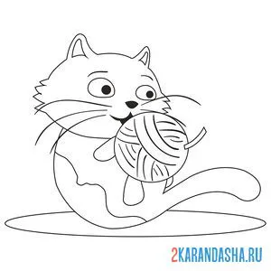 Раскраска кот играет с клубком онлайн