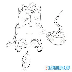 Распечатать раскраску кот с кофе на А4
