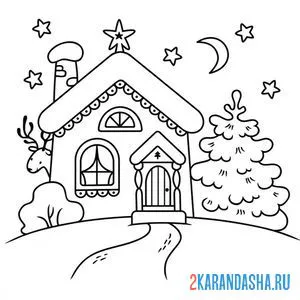 Онлайн раскраска зимний домик в лесу