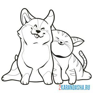 Раскраска котик и собачка обнимаются онлайн
