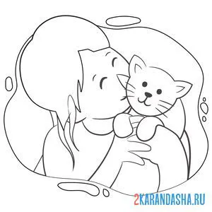 Распечатать раскраску девочка целует котенка на А4