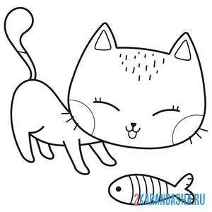 Распечатать раскраску котенок поймал рыбу на А4