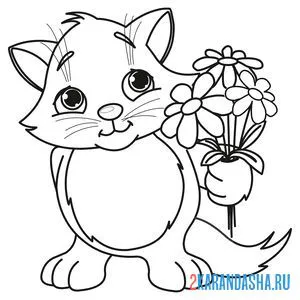 Распечатать раскраску котенок с букетом цветов на А4