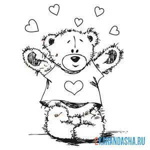 Раскраска плюшевый медведь с сердечком на майке онлайн