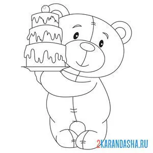 Распечатать раскраску мишка с тортом на день рождения на А4