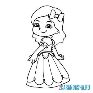 Распечатать раскраску маленькая принцесса в платье на А4