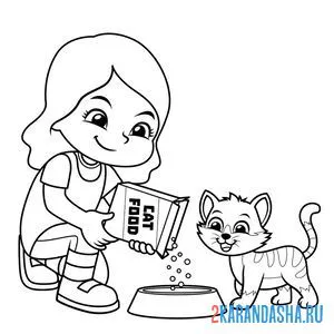 Распечатать раскраску девочка кормит котенка на А4