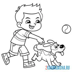 Распечатать раскраску мальчик играет с собакой на А4