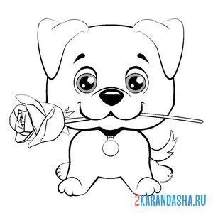 Раскраска милый щенок с розой онлайн