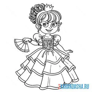 Распечатать раскраску маленькая принцесс в платье на А4