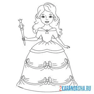 Распечатать раскраску принцесса в красивом платье на А4