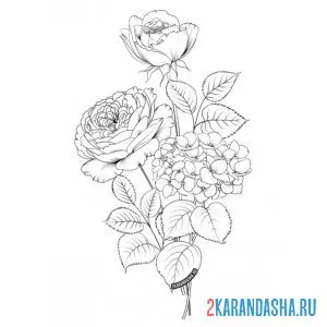 Раскраска пушистая роза на ветке онлайн