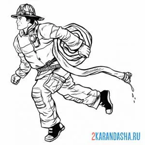 Раскраска пожарный бежит с рукавом онлайн