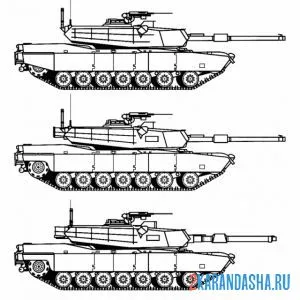 Распечатать раскраску три одинаковых танка на А4