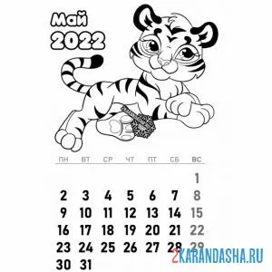 Распечатать раскраску календарь май 2022 год тигра на А4
