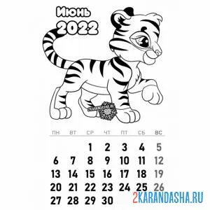 Распечатать раскраску календарь июнь 2022 год тигра на А4