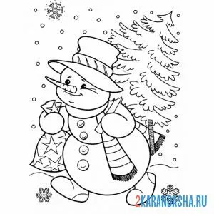 Раскраска снеговик несет елку онлайн