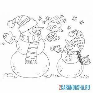 Раскраска два снеговика онлайн