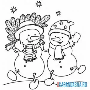 Раскраска два снеговика с елкой онлайн