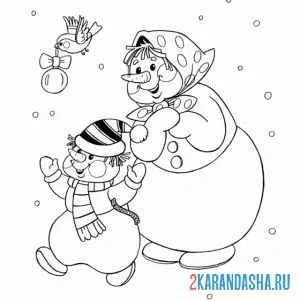 Распечатать раскраску мама и сын снеговики на А4
