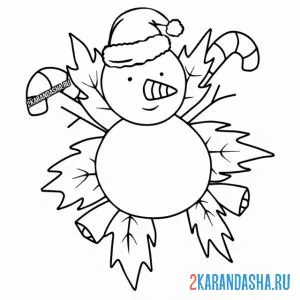 Распечатать раскраску новогодний снеговик в шапке на А4