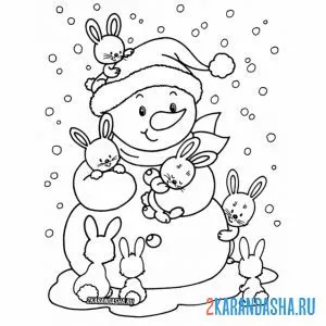 Раскраска снеговик и милые зайчики онлайн