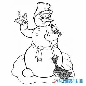 Раскраска снеговик смеется и птички онлайн
