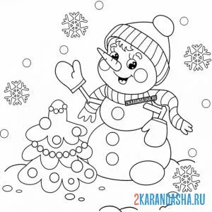 Онлайн раскраска снеговик в варежках