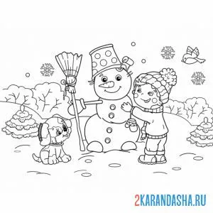 Раскраска малыш слепил снеговика онлайн