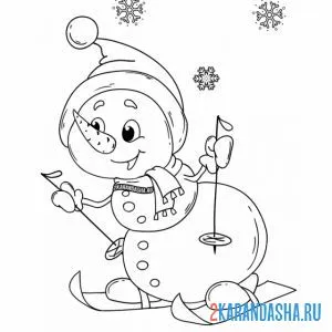 Раскраска снеговик катается на лыжах онлайн