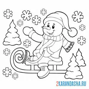 Раскраска снеговик в лесу на санках онлайн