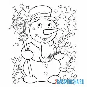 Раскраска снеговик и лесные зайчики онлайн