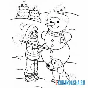 Раскраска обведи детали снеговика онлайн