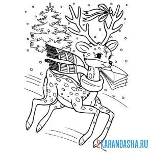 Раскраска новогодний олень с бантиком онлайн