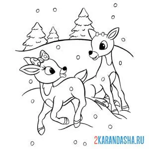 Раскраска два оленя в новый год онлайн
