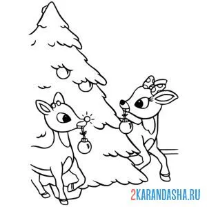 Раскраска новогодние олени и елочка онлайн