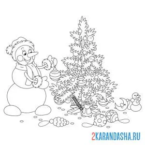 Распечатать раскраску снеговик наряжает новогоднюю елку на А4