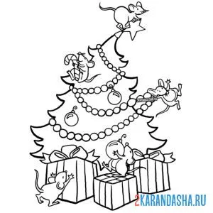 Распечатать раскраску мышата наряжают новогоднюю елку на А4