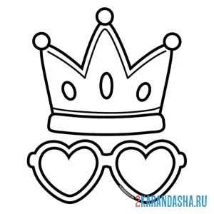 Онлайн раскраска корона и очки сердечком