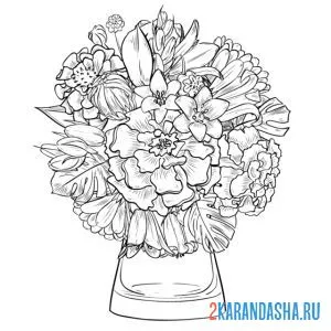 Раскраска разные цветы в вазе онлайн