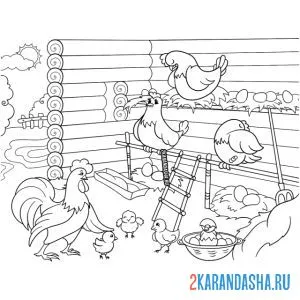 Распечатать раскраску курятника с цыплятами на А4