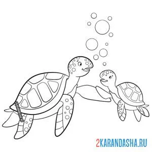 Распечатать раскраску черепахи мама и ребенок на А4